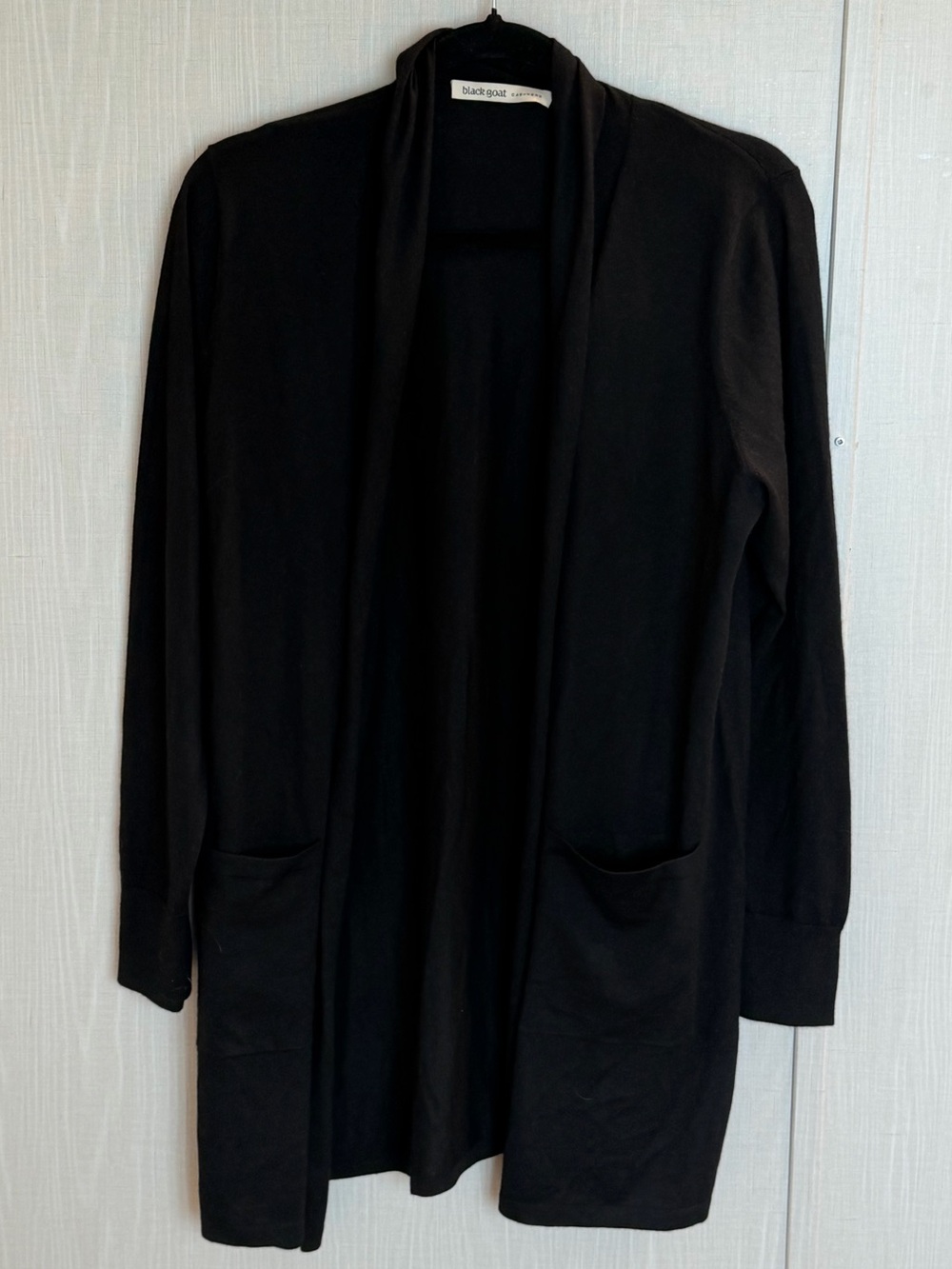 Black Goat Cashmere Long Open Cardigan Size L Minimalist Black Lightweight - Picture 2 of 3